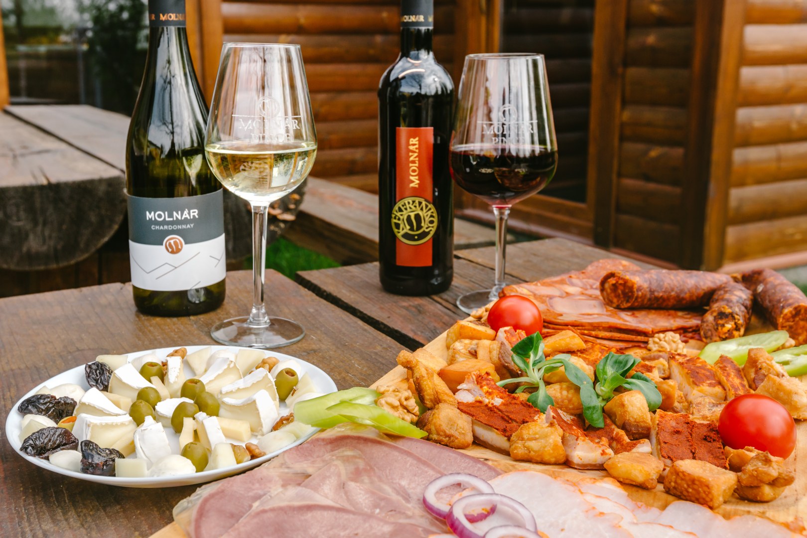 Cheese platter and cold cuts with red and white wine